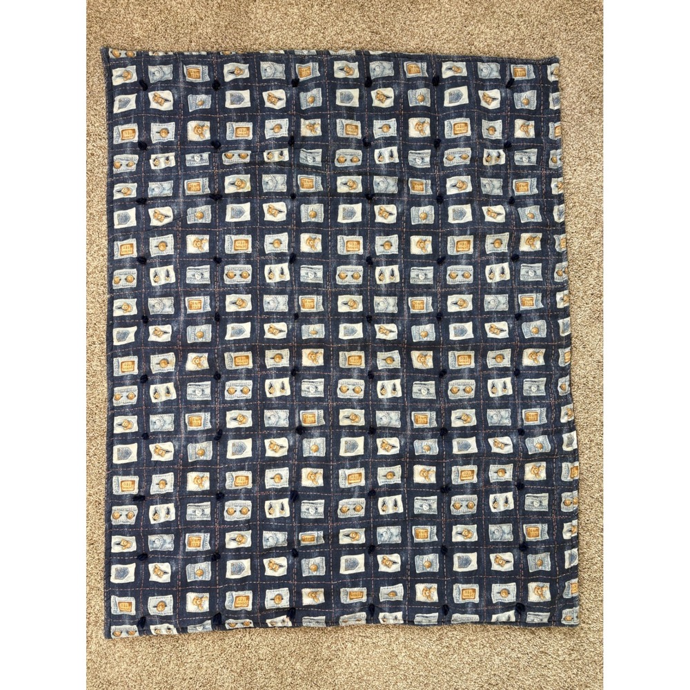 Vtg 1996 Denim Ted Bear Pockets Baby Blanket Navy Blue 32x40" Kidcore Nusery